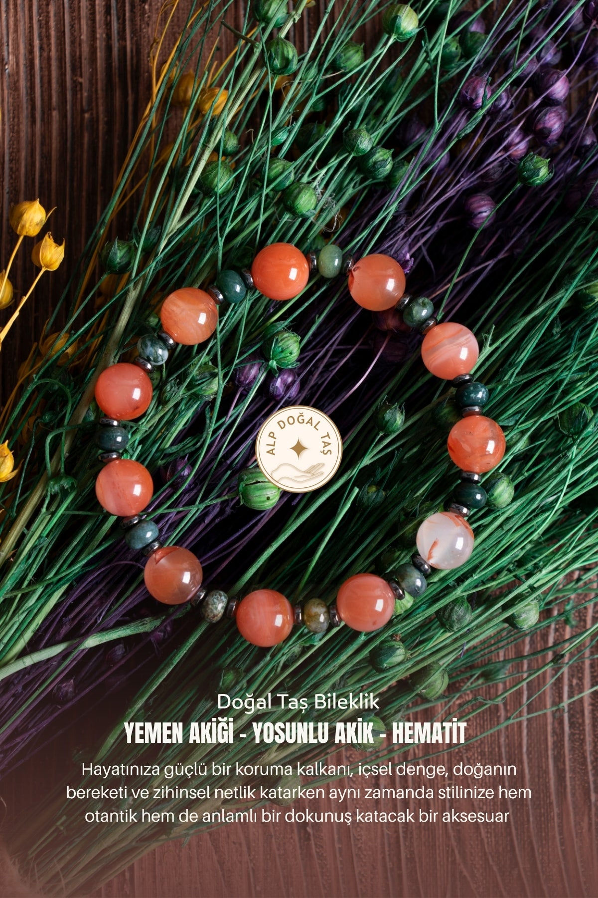 Image of Orijinal Sertifikalı Yemen Akiği Yosunlu Akik Hematit Doğal Taş Bileklik